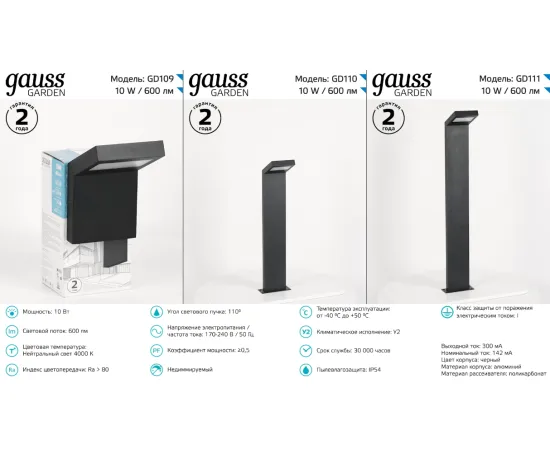 Фото характеристики СВЕТИЛЬНИК САДОВО-ПАРКОВЫЙ GAUSS ELECTRA СТОЛБ 10W, 600LM, 4000K, 134X137X580MM, 170-240V / 50HZ, IP54 арт. GD110